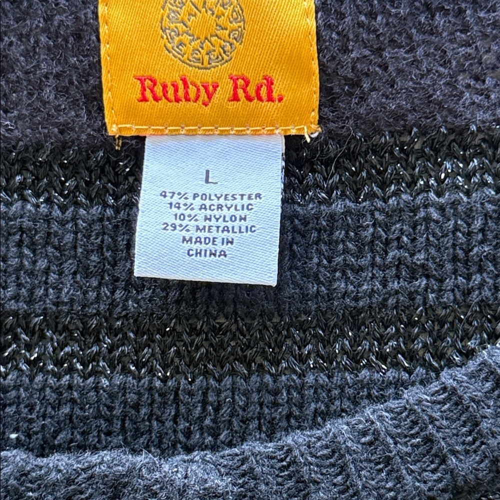 Ruby Rd Black Sequin & Bead Mixed Texture Cardigan Sweater Fuzzy Stripe Sz LG - Picture 7 of 12